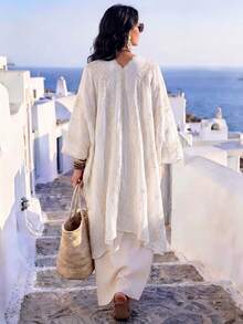 1pc Elegant Floral Pattern Bohemian Embroidered Kimono/Sarong Shawl, Women's Spring/Summer Beach Cover-Up, Lightweight Versatile Luxury Accessory, Ideal For Daily Wear And Gift - White - View 5