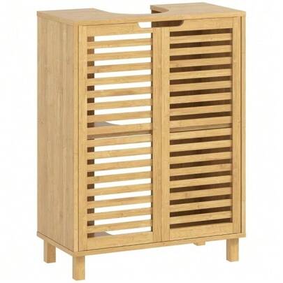 Bathroom Furniture, Bathroom Cabinet With Slatted Doors, Bamboo Wood, Adjustable Shelves, Natural