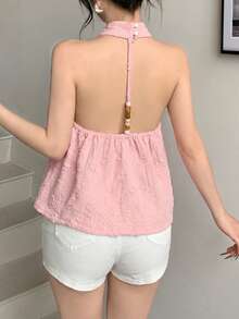 女士粉色提花纹理立领露背吊带无袖露背上衣，手工串珠，A字荷叶边下摆，休闲温柔，年轻性感，适合约会、度假、海边、日常出行，春夏衬衫 - 粉色 - 查看 2