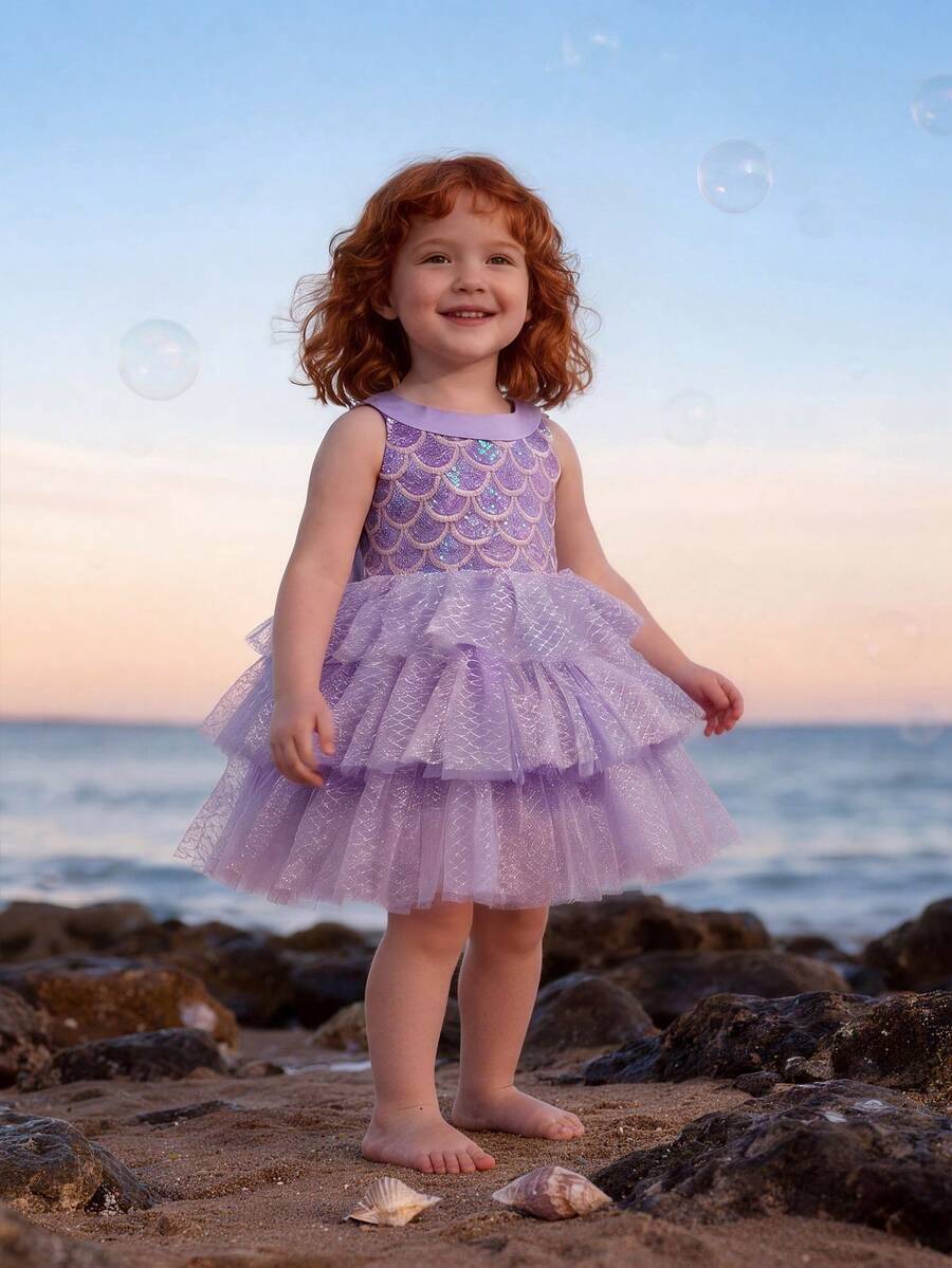 女婴美人鱼蝴蝶结亮片露背深 V 薄纱淡紫色优雅公主裙，适合宝宝 1 岁生日礼物、宴会、派对、特殊场合 - 淡紫色 - 查看 1