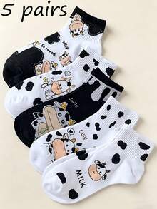 5 Pairs Women's Cartoon Cow Pattern Socks, Mainly In Black And White Tones, Including Different Expressions And Poses Of Cows As Well As Solid Color Backgrounds, Lightweight And Comfortable Material Suitable For Warm Seasons, Won't Easily Slip, Styles Include Bow, Tassel, Snowflake Decorations - Multicolor - View 7