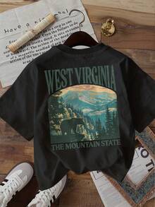 [Double-Sided Print] Summer Casual Women's Top, Vintage Style, Mountain Bear WEST VIRGINIA THE MOUNTAIN Print, Round Neck, Pure Cotton Short-Sleeve T-Shirt [Ling K] Summer Outfits For Women XQ07 - màu đen - Xem 4