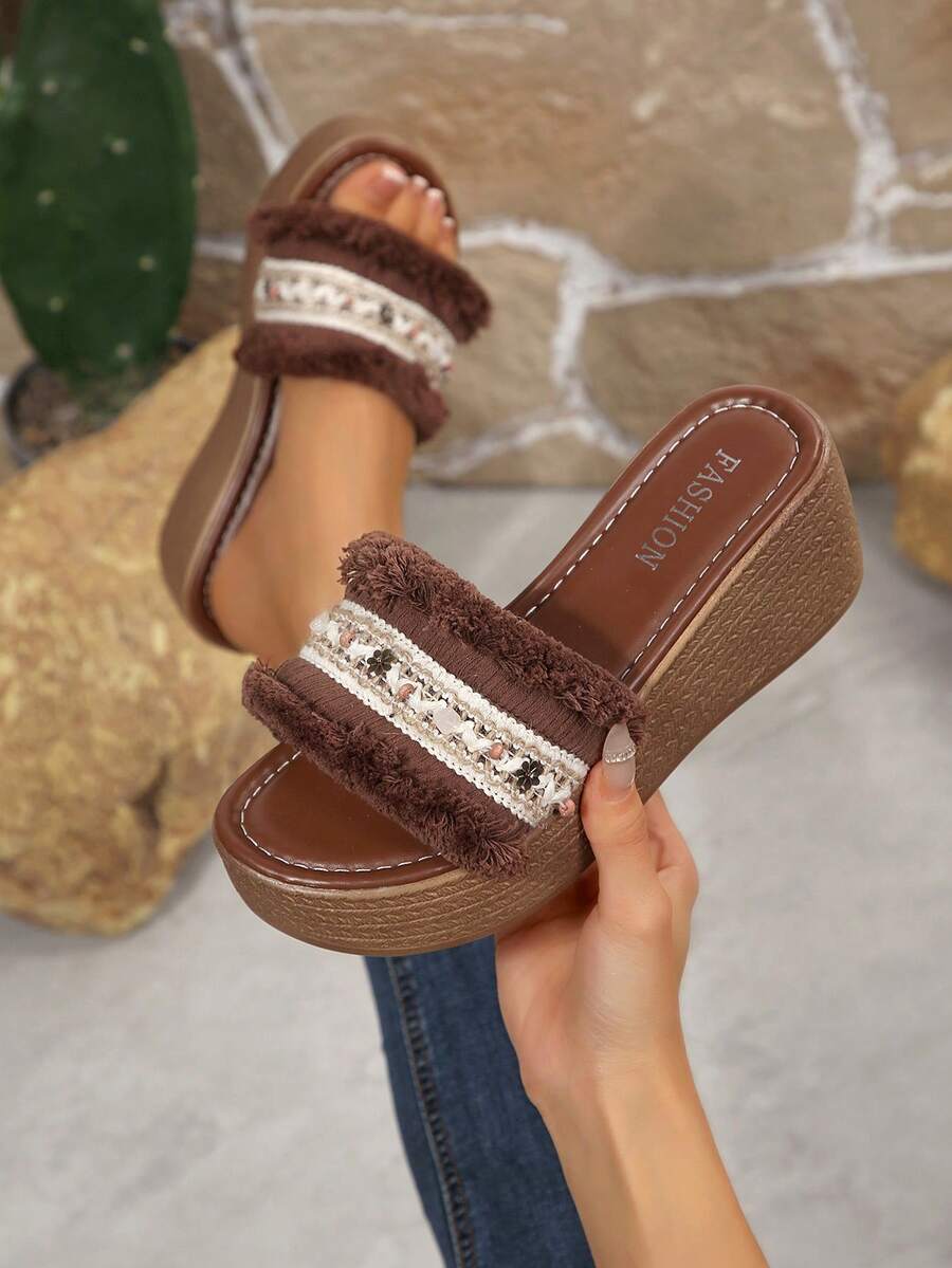 刺绣女士厚底坡跟凉鞋,复古毛绒厚底鞋,休闲沙滩度假凉鞋 - 棕色 - 查看 1