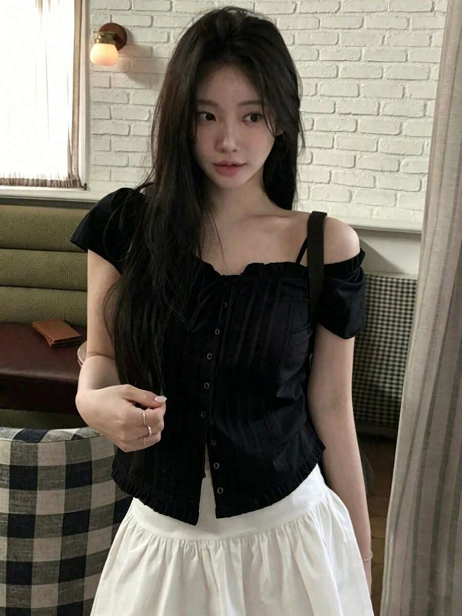 韓系甜美女孩風荷葉邊飾鈕扣短袖襯衫上衣,百搭顯瘦黑色夏季款,時尚優雅 - 黑色 - 查看 1