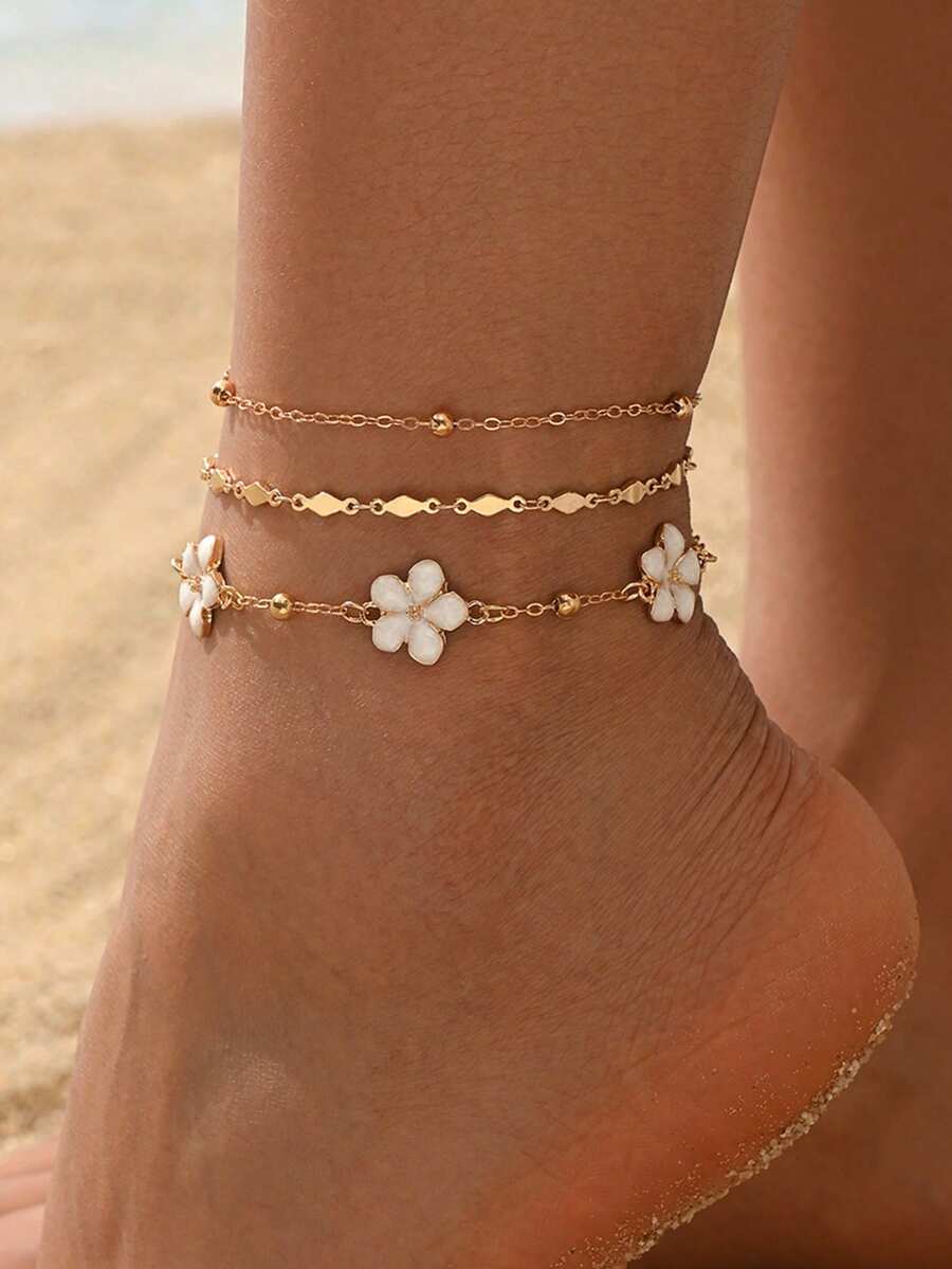 3pcs/Set Handmade Simple Chain White Glazed Flower Anklet, Suitable For Daily Wear, Beach Vacation, Travel, And Dating. Handmade Chain Length And Bead Quantity Are Random. - Gold - View 1