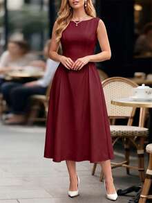 Vuslat New Fashionable Versatile Fitted A-Line Dress, Elegant Minimalist Sleeveless Dress Suitable For Vacation, Afternoon Tea, Office Commute, Daily Wear, Party - Burgundy - View 7