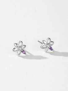 1 Đôi bông tai bạc 925 cao cấp đính đá Zirconia màu tím lãng mạn hình hoa dành cho nữ, trang sức cao cấp, quà tặng dự tiệc. - Bạc - Xem 3