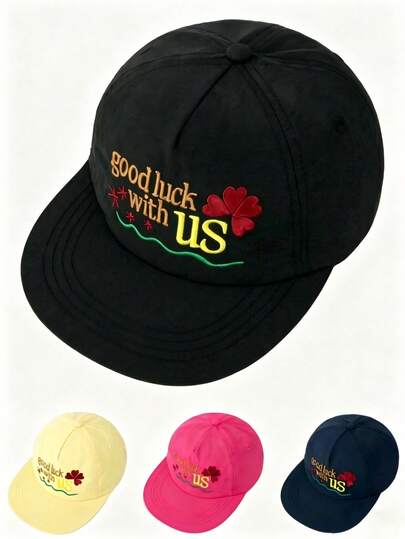 1 pieza Gorra de béisbol con bordado de letras y flores en bloques de color para mujer, sombrero casual ajustable con protección solar, adecuado para el Día de San Valentín, viajes de primavera/otoño, versátil, estilo Y2K, sombrero de sol para hombre, verano, playa