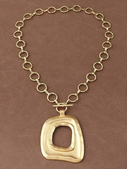 1pc Fashionable Matte Gold/Silver Asymmetric Hollow Square Pendant Chunky Chain Necklace, Suitable Women's Daily Wear, 18 Inches + 2 Inches Extension Chain