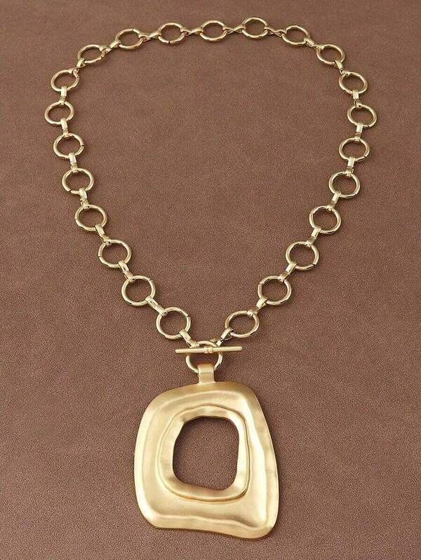 1pc Fashionable Matte Gold/Silver Asymmetric Hollow Square Pendant Chunky Chain Necklace, Suitable Women's Daily Wear, 18 Inches + 2 Inches Extension Chain