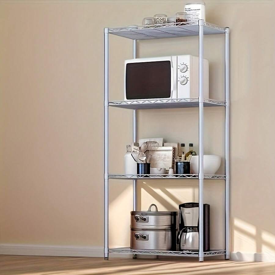 シルバーグレーの多層収納ラック、鋳鉄製4層縦型ラック、リビングルーム・キッチン整理ラック、家庭用電子レンジ収納ラック、多機能立型棚 - シルバーグレーの3層構造 - チェックする 1