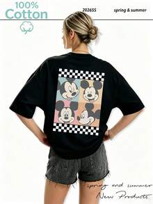 Disney-Authorized Mickey Mouse Pattern Women's Crew Neck 100% Cotton T-Shirt - Lightweight Summer Casual Short Sleeves, Easy To Machine Wash, Versatile Everyday Top, Stylish Design, Breathable Fabric, A Must-Have For Pop Culture Fans - màu đen - Xem 2