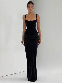 Women's Solid Color Sexy Bodycon Dress, Sleeveless Square Neck Ruched Maxi Gown, Elegant Formal Evening Party Dress - Black - View 3