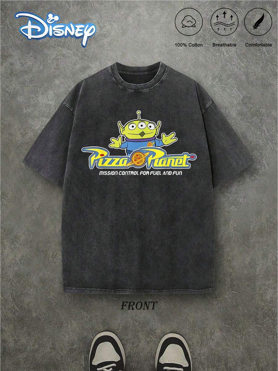 Disney Authorized Toy Story Spock's Pizza Planet Space Theme Printing, Heavyweight 100% Washed Retro Style Men's T-Shirt, Men's Loose Round Neck Short-Sleeved Shirt, Soft, Comfortable, Casual And Versatile. - 黑色 - 查看 1