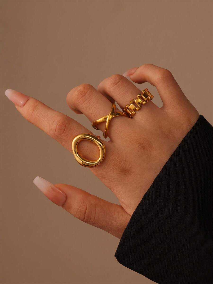 Bộ 3 chiếc nhẫn hở hình bầu dục đan chéo bằng thép không gỉ 18K thanh lịch và ngọt ngào, thích hợp làm quà tặng cho bạn gái khi đeo hàng ngày. - Vàng - Xem 1