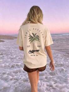 TopsWomen's Casual Round Neck Palm Tree & Letter Print Vacation Style Short Sleeve T-Shirt Top, White & Pink Women's Summer Cotton Short Sleeve T-Shir - 杏色 - 查看 2