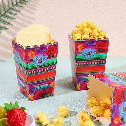 Cajas de palomitas de maíz con estampado floral a rayas mexicanas, contenedores de papel desechables para aperitivos con estampado de sarape y flores brillantes, cajas de golosinas de 4.52x2.95x2.16 pulgadas para la celebración del Cinco de Mayo, fiestas con tema de fiesta, reuniones en el patio trasero, noches de cine, carnaval, barbacoa al aire libre, recuerdos de fiesta