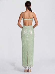 Women's Fitted Glamorous Sparkling Party Backless Tie-Knot Sequin Patchwork Camisole Dress - Green - View 2