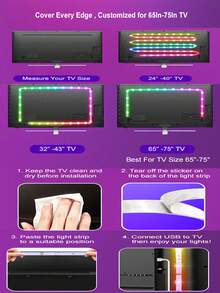 1卷5050 RGB LED智能电视背光灯条 - 柔性、自粘、变色、可调光、防水 - 适用于电视背景墙、游戏室、圣诞节、节日派对、情人节装饰和氛围照明 - 多色光 - 查看 8