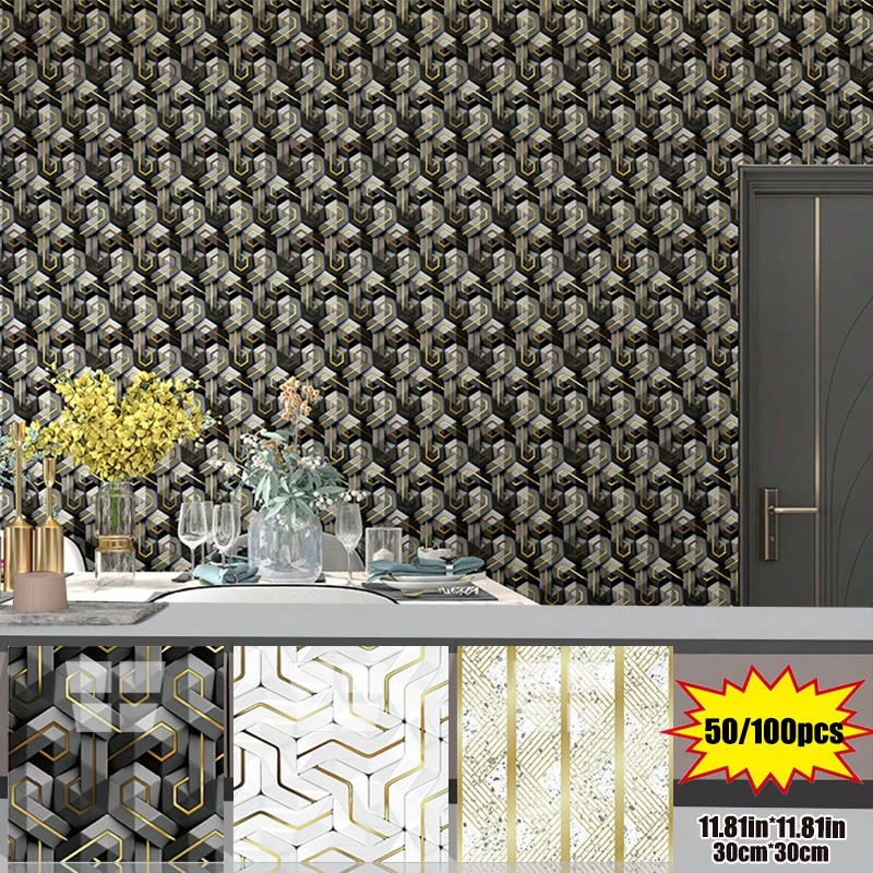 Brodark 50/100片装 30x30厘米 自粘仿大理石金箔3D墙贴,3D墙板,优雅现代设计,防水防潮,可移除不留残胶,是浴室和厨房翻新的理想之选,安装简便,经久耐用,持久如新 - 50/100片裝 - 查看 1