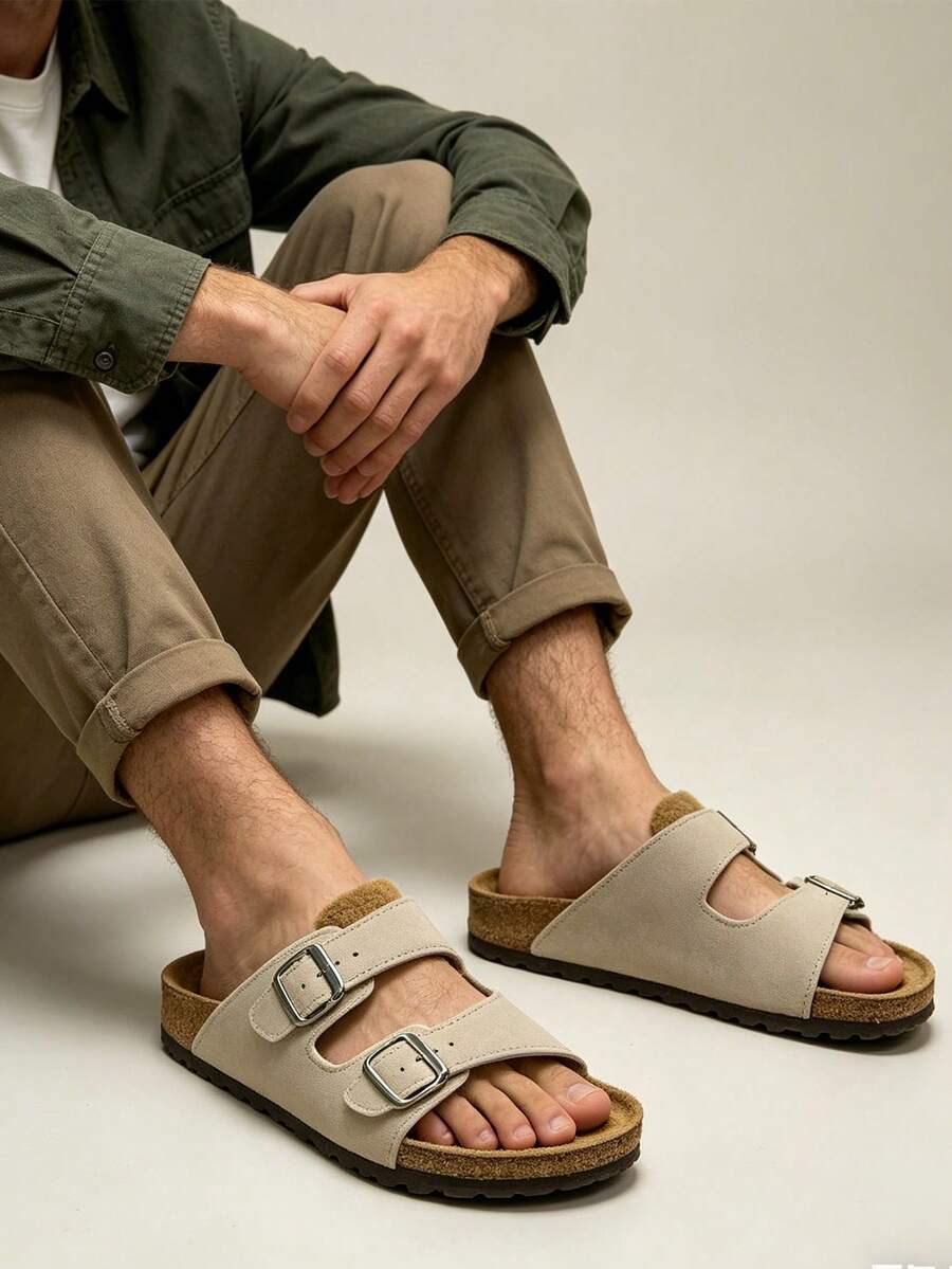 Men's Summer Mule Flat Slippers, Double Buckle Design, Non-Slip Durable Comfortable Versatile - Beige - View 1