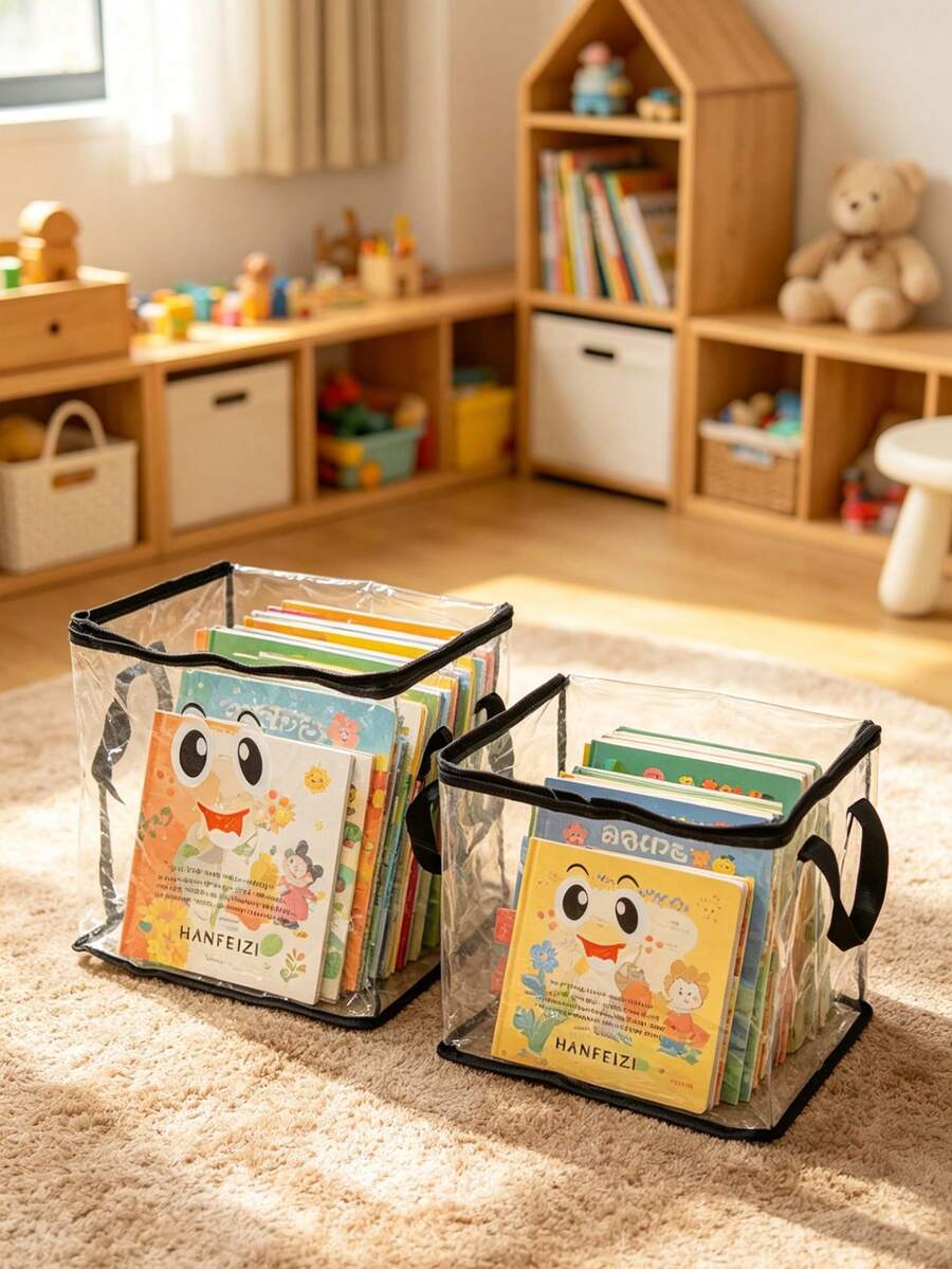 1 pezzo Grande scatola di stoccaggio pieghevole e trasparente con cerniera e maniglia, anti-polvere, in plastica spessa per un facile accesso, adatta per libri, vestiti, ideale per la cameretta dei bambini - Multicolore - Visualizzare 1