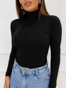 Women's Ribbed Turtleneck Long Sleeve Fitted Basic Chic Autumn Winter Knit Everyday - Black - View 1