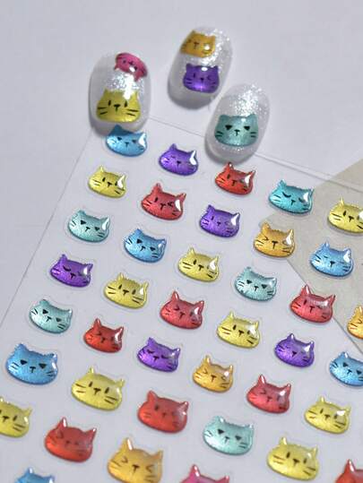 1 pièce Autocollants pour ongles lumineux, Décalcomanies d'ongles phosphorescentes 3D en forme de visage de chat, Fournitures d'art pour les ongles ultra-minces et mignonnes avec adhésif intégré