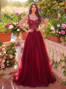 Faeriesty Sleeveless Sequin Embroidered Zipper Design Maxi Formal Dress, Spaghetti Strap Design Fall Wedding Party - Burgundy - View 3