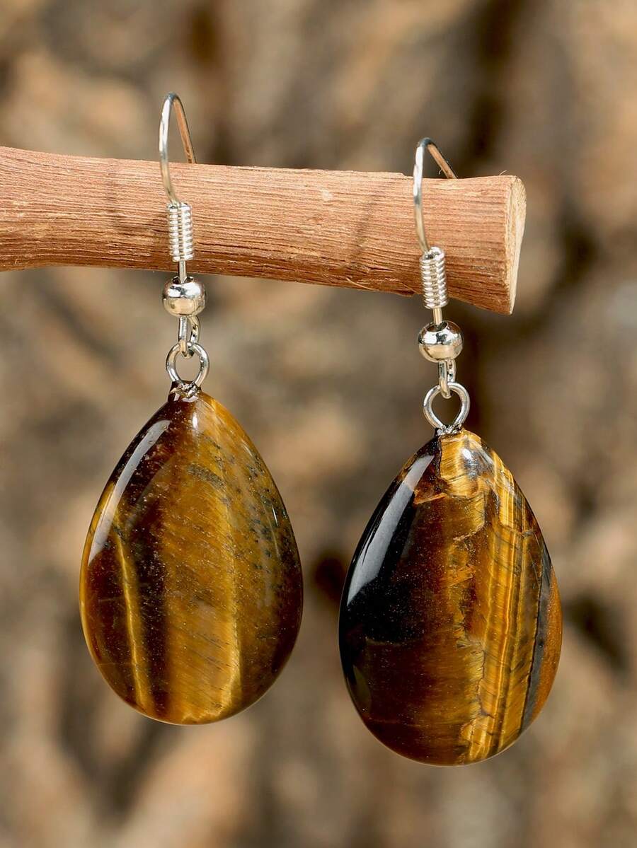 Elegant Teardrop Tiger Eye Dangle Earrings Made Of Natural Gemstone, Suitable For Daily And Party Wear, Boho Style Luxury Fashion Jewelry, Ideal Holiday Gift For Women - Tiger's Eye - View 1