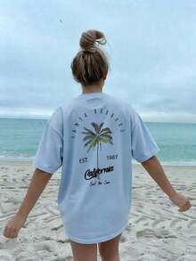 TopsWomen's Casual Round Neck Palm Tree & Letter Print Vacation Style Short Sleeve T-Shirt Top, White & Pink Women's Summer Cotton Short Sleeve T-Shirt, Beach Vacation, Literary & Fresh StyleLoose And Comfortablesummer Tops - 淺藍色 - 查看 2
