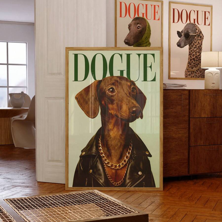 1pc Frameless Fashion "Dogue" Magazine Style Decorative Painting - Dachshund Poster, Suitable For Bedroom, Dorm, Home Office, Classroom Dreamy Animal Art Decor, Apartment Wall Decoration, Best Gift Choice - Dog - View 1