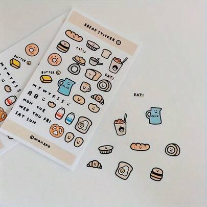 1 pieza Pegatinas con tema de pan y desayuno, material de PVC resistente al agua con adhesivo extraíble, estilo de garabato dibujado a mano con varios patrones de alimentos, adecuado para planificador, cuaderno, papelería de estudiante y niña, regalo de cumpleaños/vuelta al colegio/vacaciones