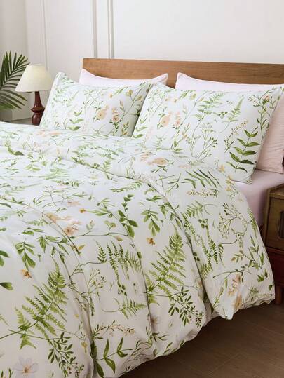 2/3pcs/Set Botanical Green Leaf Small Flower Pattern Duvet Cover Bedding Set, Soft Breatheable Wrink-Free Better For Sleep, Luxury Hotel Style, Gift For Mom Dad Friend, Reversible Two Tone Quilt Comforter Duvet Cover*1 Pillowcase*1/2 King Queen Full Twin Size