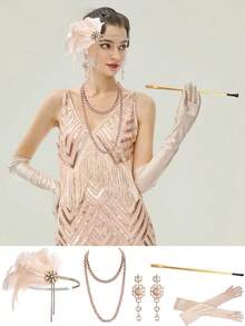 Bộ phụ kiện dạ hội hóa trang thập niên 1980 gồm 5 món, phụ kiện trang phục cô gái Flapper thập niên 1920, đồ trang trí tiệc Gatsby thập niên 20 sôi động, bộ trang phục cô gái Flapper bao gồm băng đô lông vũ, vòng cổ, găng tay, bông tai và ống đựng thuốc lá. - Nhiều màu - Xem 8
