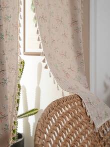 Bubaba 2pcs Vintage Floral Printed Linen-Like Curtains, Beige Door Curtain For Privacy, Bedroom, Wardrobe, Window, Living Room, Shading & Heat Insulation - Beige - View 10