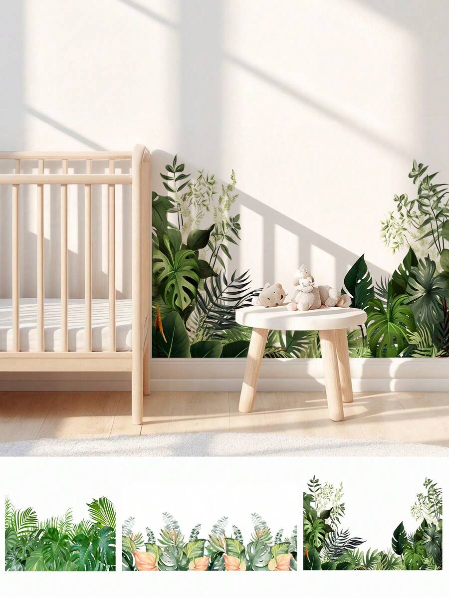 SUPSTICKER 2片装热带龟叶、仙鹤花、蕨类植物图案水彩风格自粘墙贴,PVC材质,易于安装和移除,适用于家居装饰、派对背景、橱柜表面美化、儿童房氛围营造、玩具区背景、儿童空间改造,尺寸:12.79*18.62英寸 - 彩色 - 查看 1