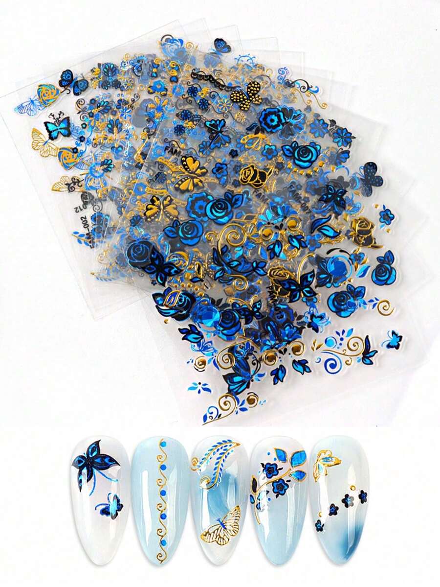 30片优雅蓝金3D美甲贴纸 - 花卉、蝴蝶、几何和蕾丝图案 | 带英文字母的自粘美甲贴纸，轻松DIY美甲装饰