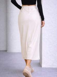 Women's High Waist Straight Leather Skirt, Elegant And Exquisite Slit Midi Skirt - 米色 - 查看 5