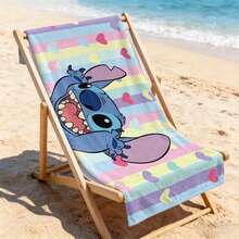 Khăn tắm biển Disney Lilo & Stitch - Khăn tắm biển Stitch với họa tiết sọc cầu vồng pastel và trái tim, thích hợp cho hồ bơi và bãi biển. - A - Xem 2