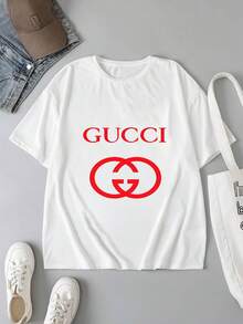 Men's  Street Style Casual Round Neck Black Base Red Contrast Letter Interlocking G Logo Print Loose Comfortable Breathable Daily Wear All-Match Short Sleeve T-Shirt - White - View 6