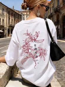 Camisetas manga corta mujer Camiseta holgada de estilo Y2K para mujer, camiseta de cuello redondo suave y transpirable talla grande vendida con estampados de flores japonesas y caracteres chinos, moda callejera popular, adecuada para salidas diarias de primavera/verano, contemplación de cerezos en flor, trayecto al trabajo y reuniones casuales - Blanco - Ver 5