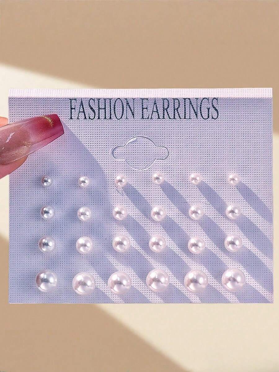 Set 12 buah Anting Tusuk Manik Mutiara Mini Klasik Elegan, Cocok untuk Pemakaian Sehari-hari - Putih - View 1