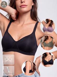 3pcs/Set Women's Comfortable Colorful Wireless Soft Cup Solid Color Bras - Multicolor - View 1
