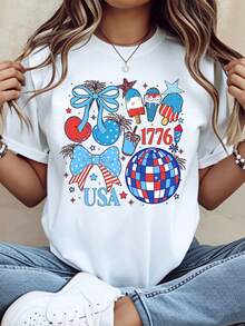 Patriotic Usa Independence Day 1776 T Shirt With Stars And Stripes Ice Cream Popsicle And Bow Design For July 4th Celebration,220g - 白色 - 查看 1