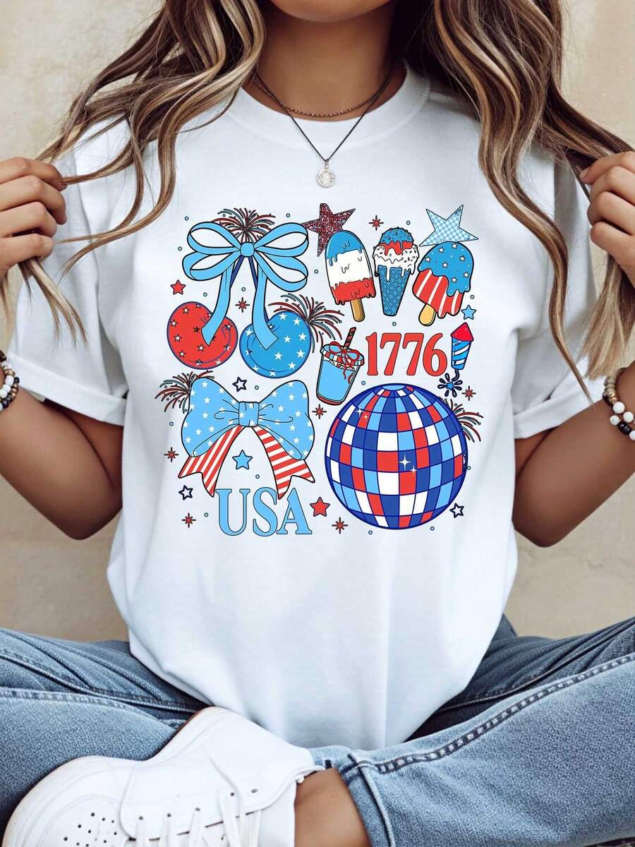Patriotic Usa Independence Day 1776 T Shirt With Stars And Stripes Ice Cream Popsicle And Bow Design For July 4th Celebration,220g - 白色 - 查看 1