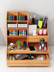1pc Desktop DIY Pen Holder Storage Box Multi-Functional Office Supplies Stationery Organizer Large Capacity Student Wood Plastic Pen Rack - A - View 11