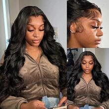 Peluca frontal de encaje de cabello humano de 38 pulgadas, 13x4, con ondas corporales, densidad del 200%, ondas corporales, HD, con frontal transparente, pre-depilado y nudos decolorados para mujer. - Natural Black - Ver 11
