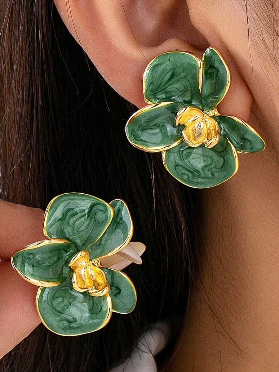 1 Pasang Anting Tusuk Kupu-kupu dan Bunga Anggrek Berenamel Paduan Logam Mewah 3D Modis - Hijau - View 1