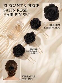 3 piezas Clips para el cabello con flores de rosa falsas románticas, accesorios para el cabello en forma de U estilo Mori para novia y dama de honor, decoración para moño - Multicolor - Ver 5